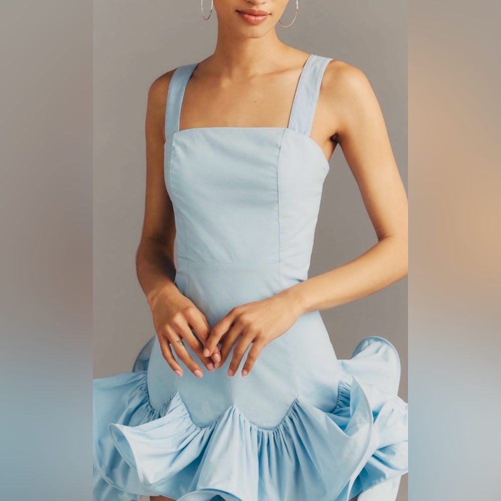 ANTHROPOLOGIE MAEVE STRAPLESS RUFFLE MINI DRESS COLOR SKYRIDE SIZE L NWT - Picture 4 of 11